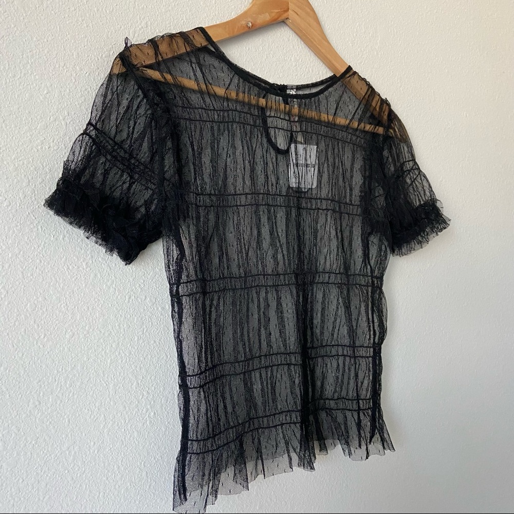 Free People Sheer Black Dotted Mesh Short Sleeve Blouse - Picture 2 of 4